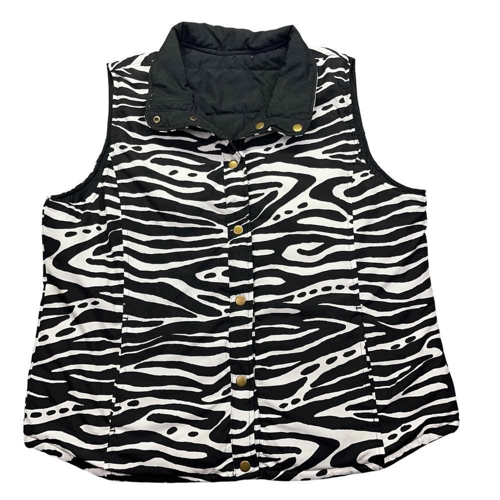 SEAS Reversible Puffer Vest Zebra Print Snap Front Sleeveless Jacket‎ Women L